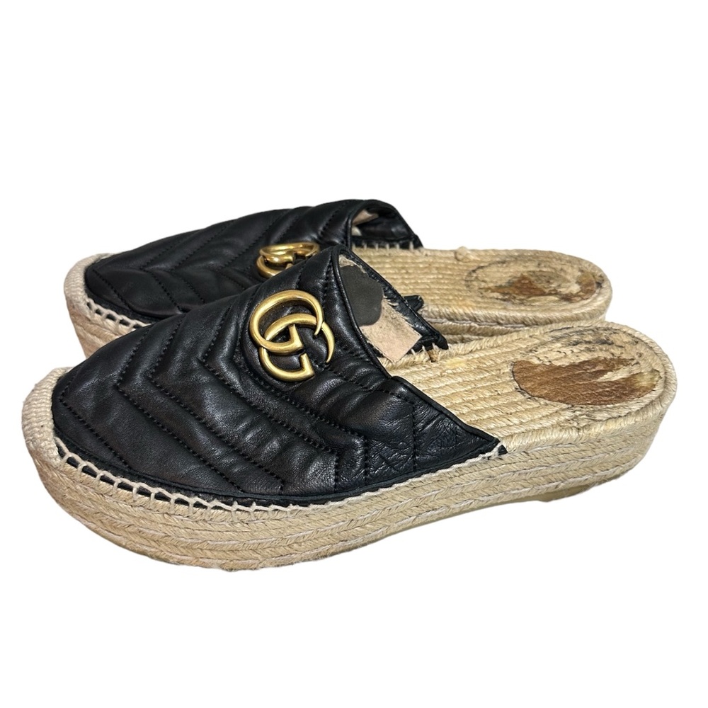 GUCCI Black Leather GG Marmont Platform Espadrilles Mules Size 39